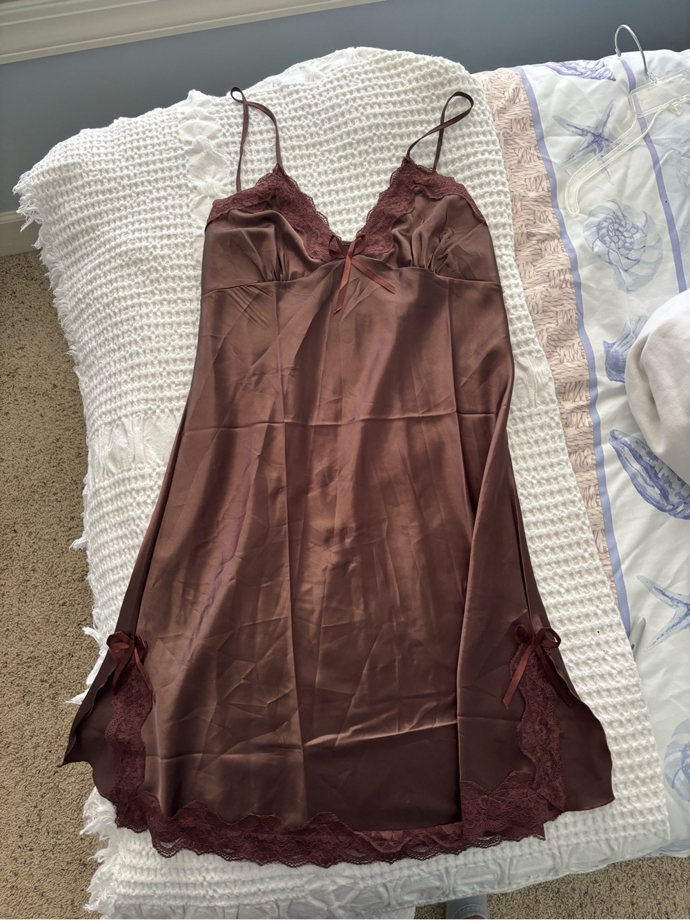 Satin Lace Trim Chemise Slip - Chocolate Brown